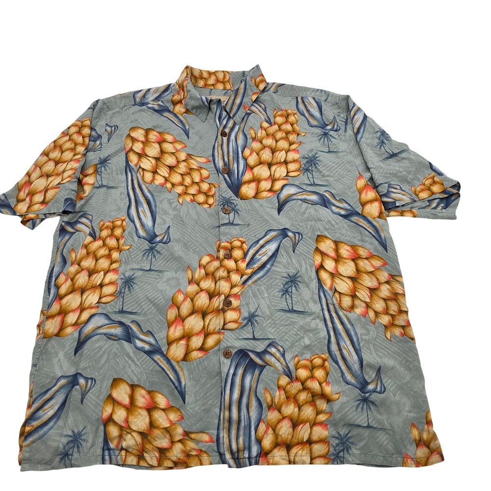 VNTParadise Coves Button Down Shirt Men XL Green Silk Tropical GingerFloral Camp
